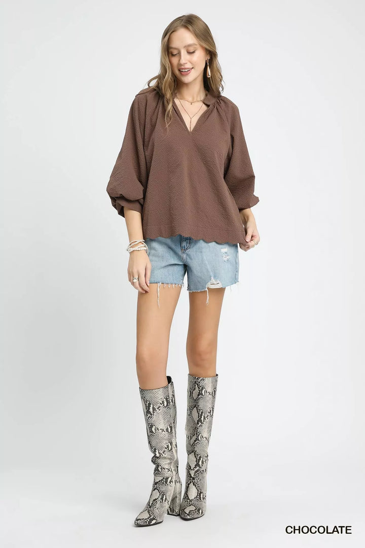 Umgee Full Size Textured Notched Balloon Sleeve Blouse Plus Size