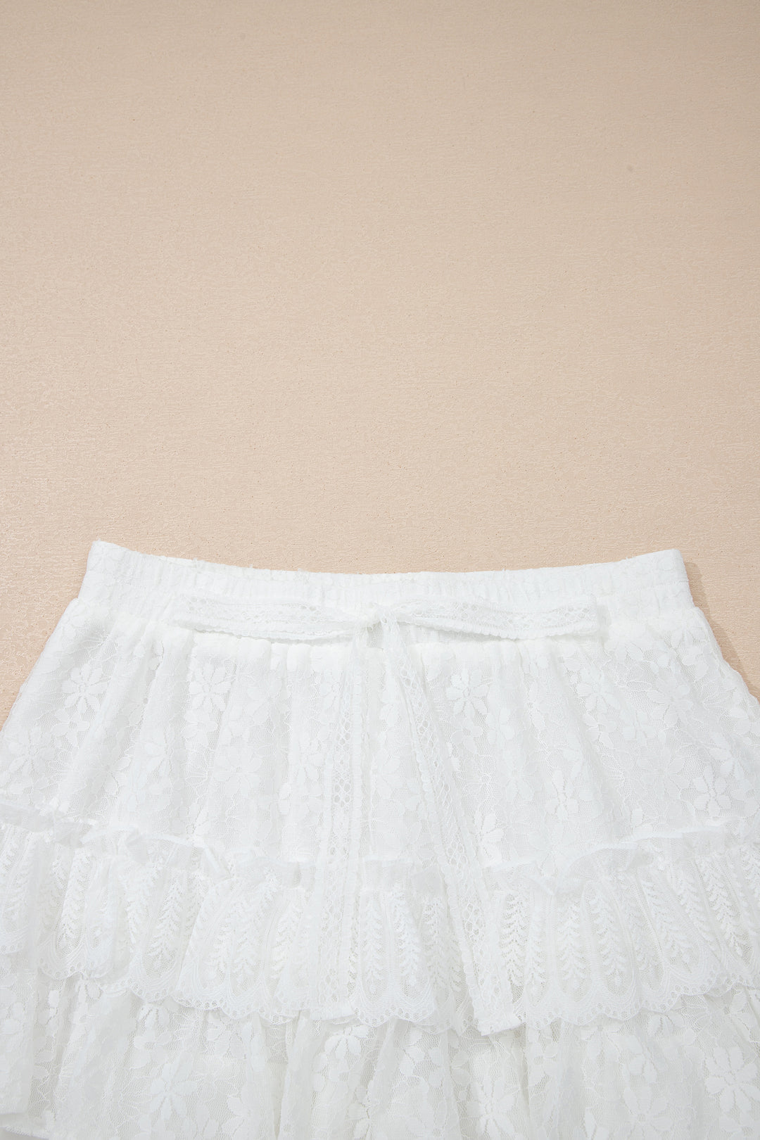 White Lace Ruffle Tiered Drawstring Elastic Waist Sweet Shorts