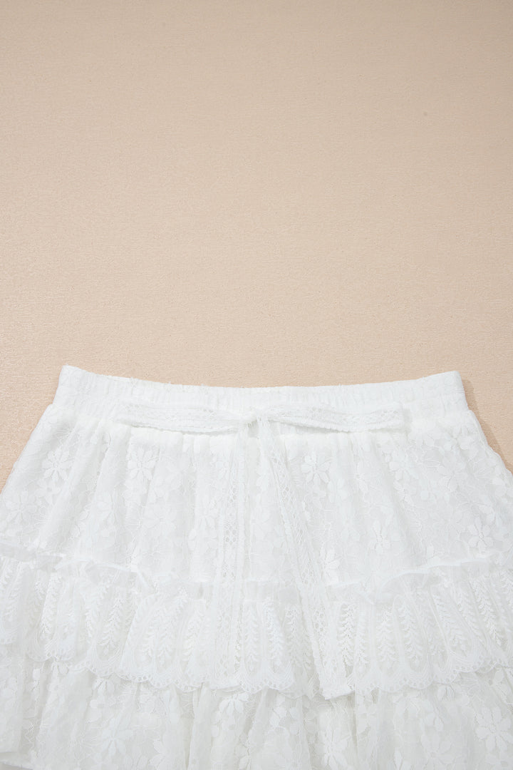White Lace Ruffle Tiered Drawstring Elastic Waist Sweet Shorts