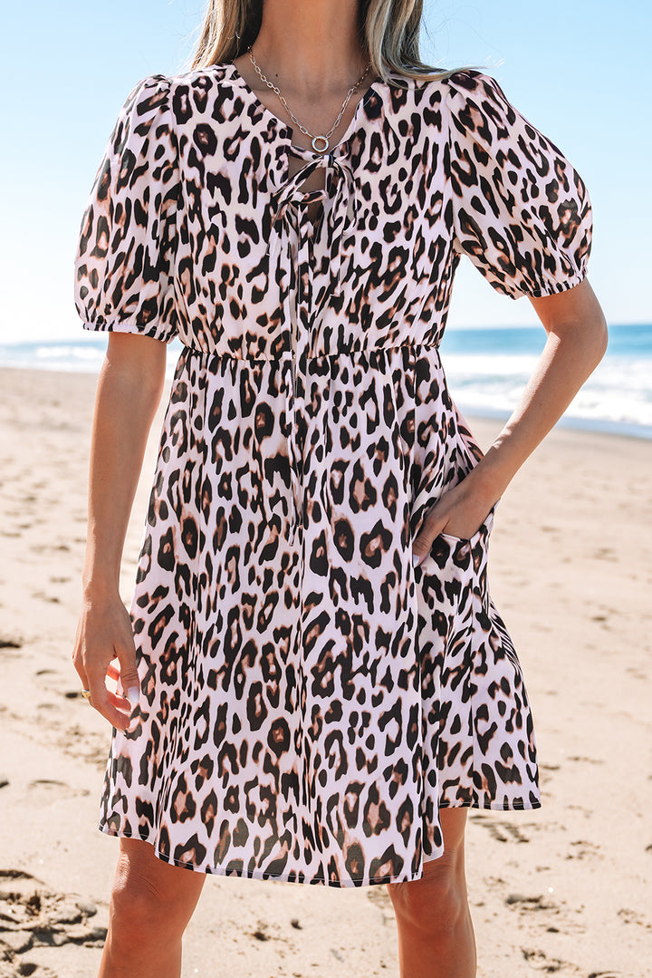 Brown Leopard Tied Front Keyhole Puff Short Sleeve Mini Dress