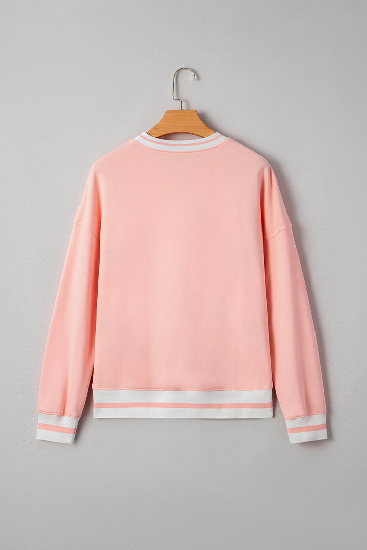 Gossamer Pink Halloween Terry Ghost Striped Trim Loose Sweatshirt