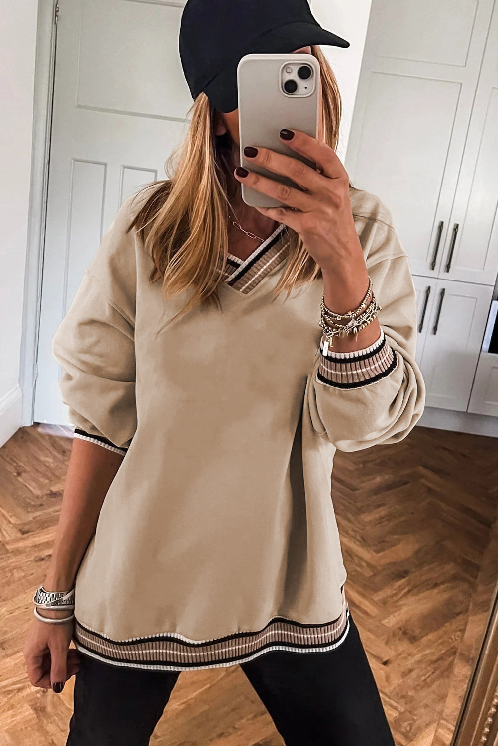 Parchment Varsity Contrast Striped Trim V Neck Sweatshirt