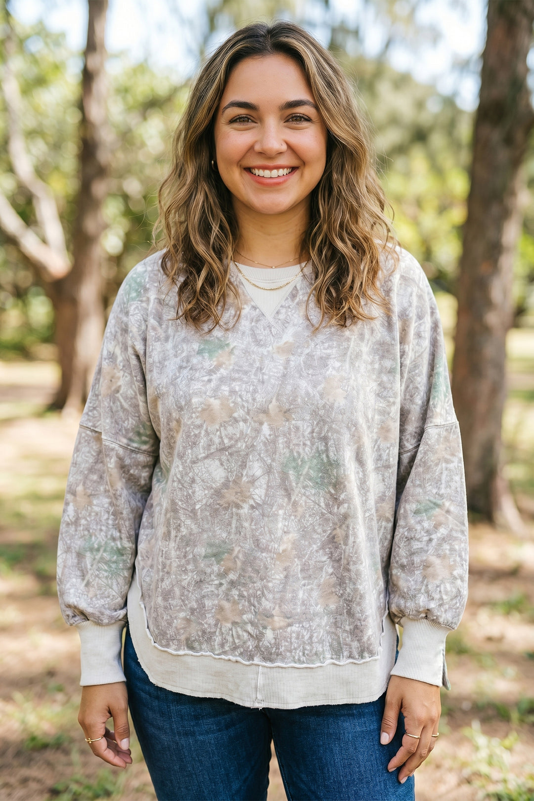 Khaki Camouflage Print Round Neck Long Sleeve Shift Plus Size Sweatshirt
