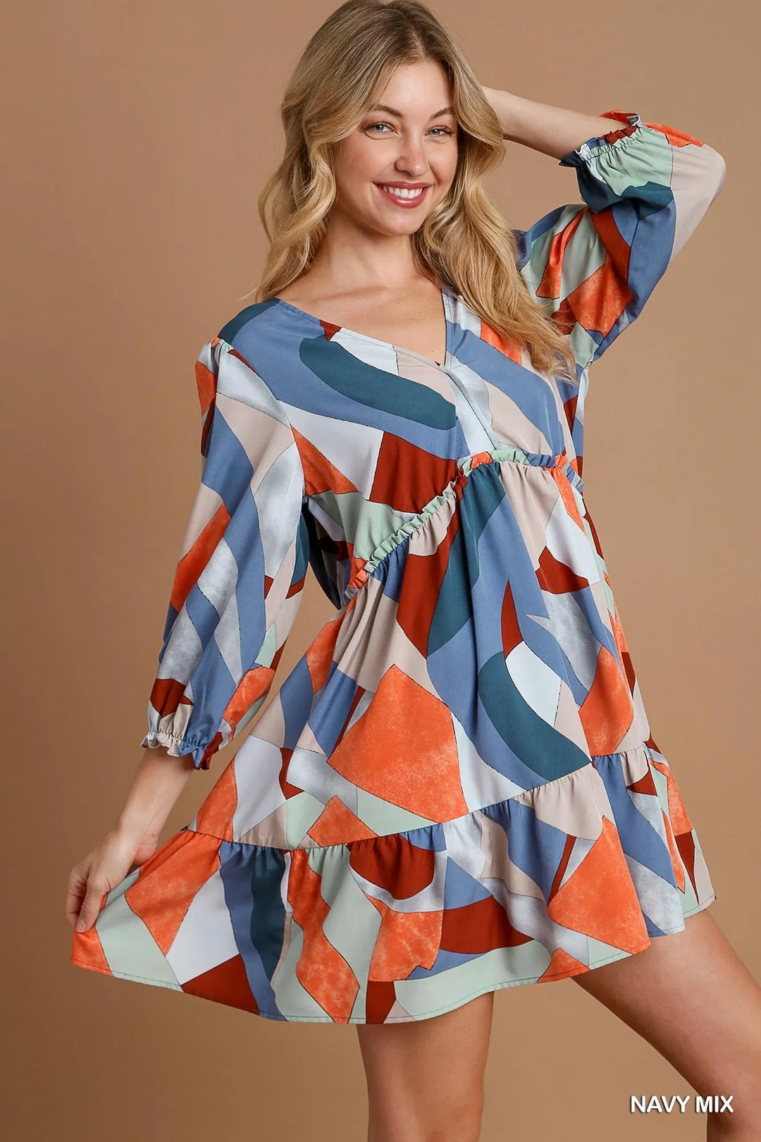 Umgee Abstract V-Neck Tiered Printed Dress