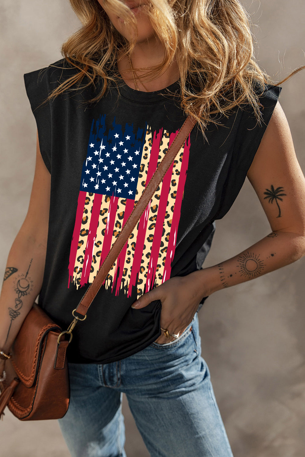 Black Leopard USA Flag Heat Transfer Printing Sleeveless Cotton Top