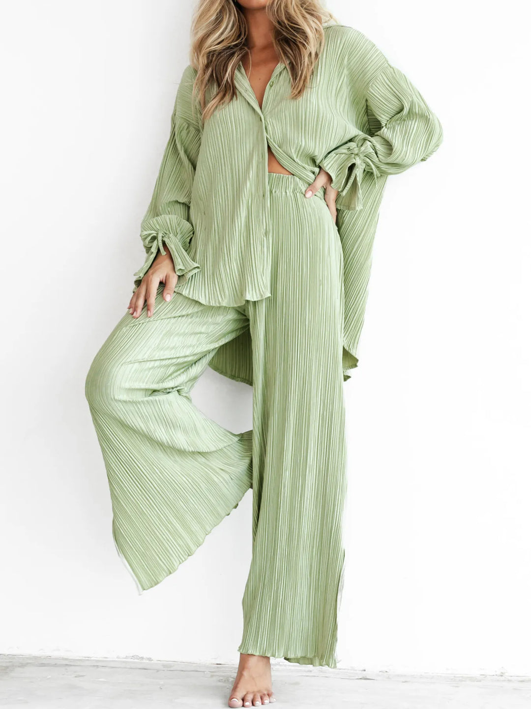 Button Up Long Sleeve Top and Pants Set