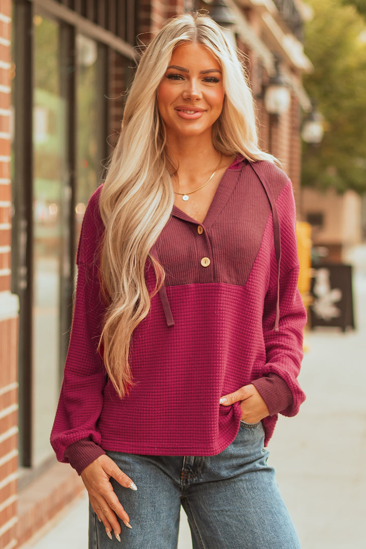 Racing Red Waffle Patchwork Drop Shoulder Hooded Long Sleeve Top