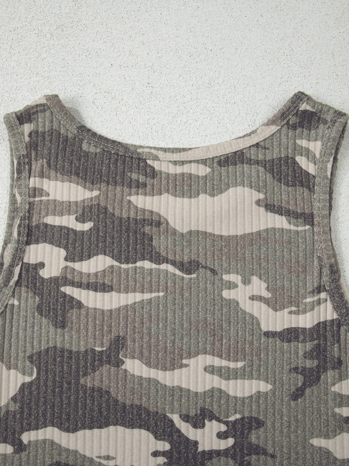 Camouflage Print Ribbed Knit Round Neck Tank Top