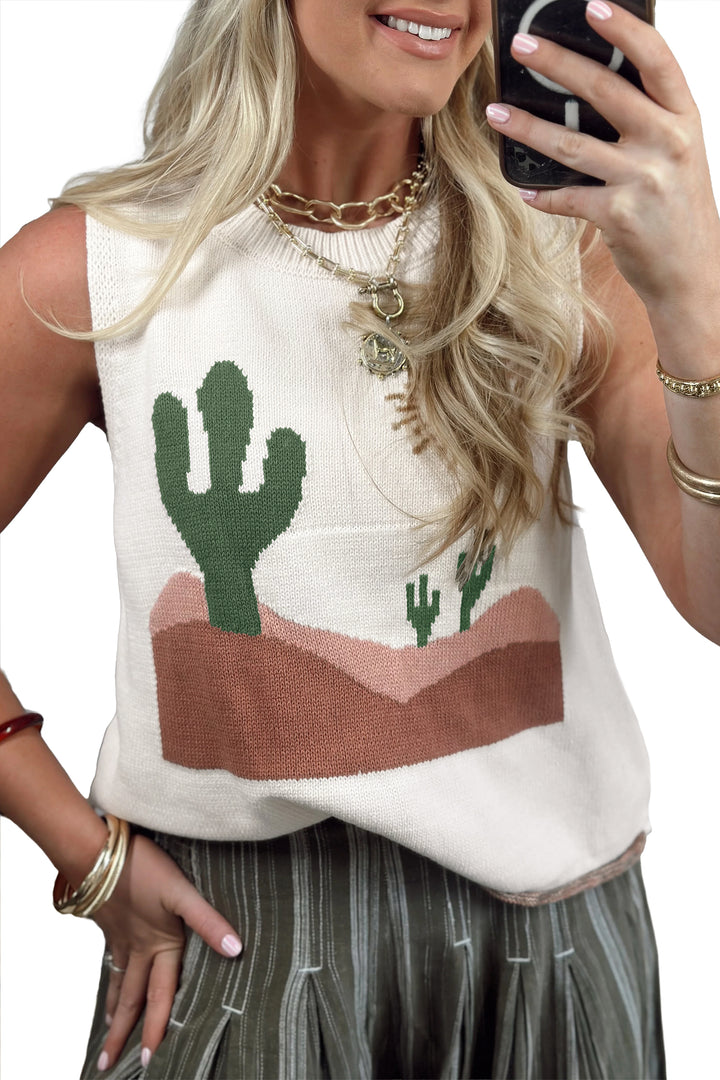 Multicolour Cactus Western Oasis Loose Sweater Vest