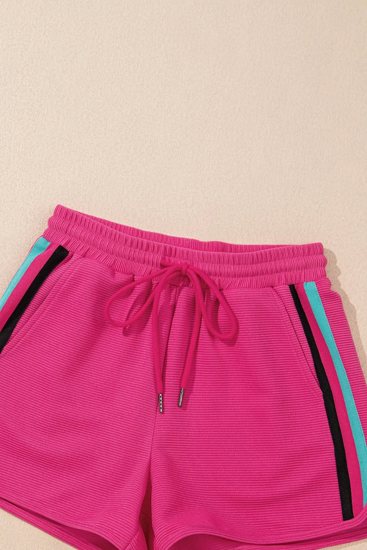 Striped Detail Flutter Sleeve Zipped Collar Top and Short Set