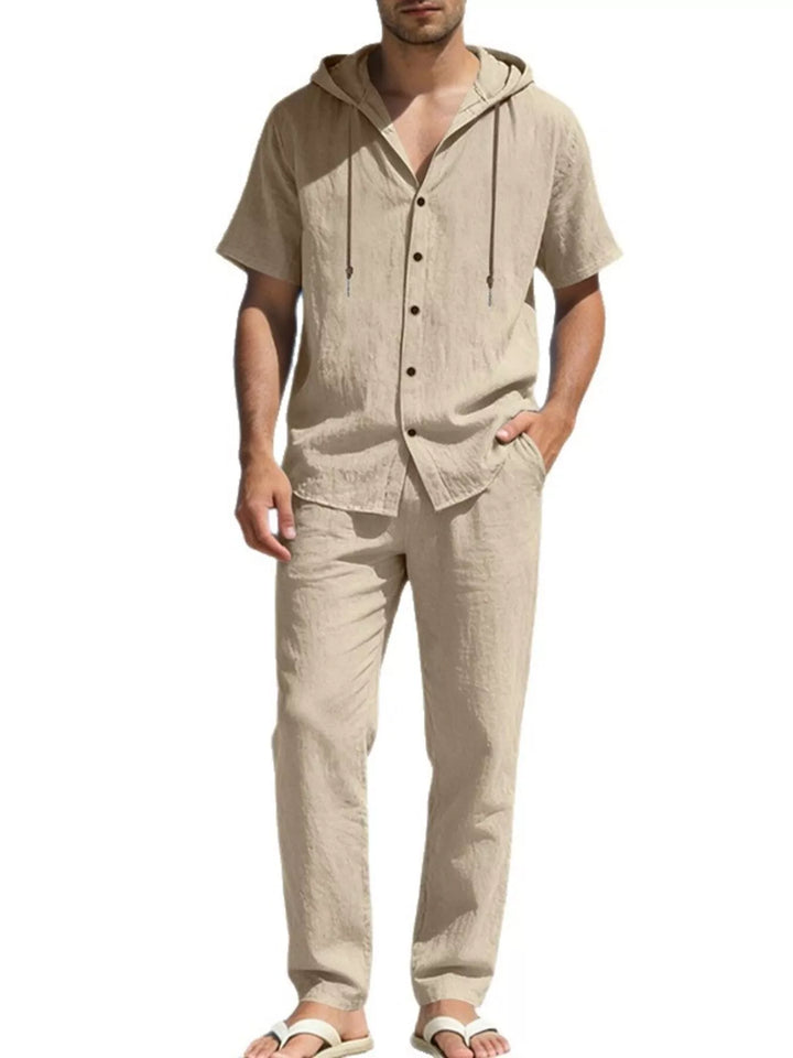 Men's Full Size Button Up Hooded Top and Pants Set Plus Size
