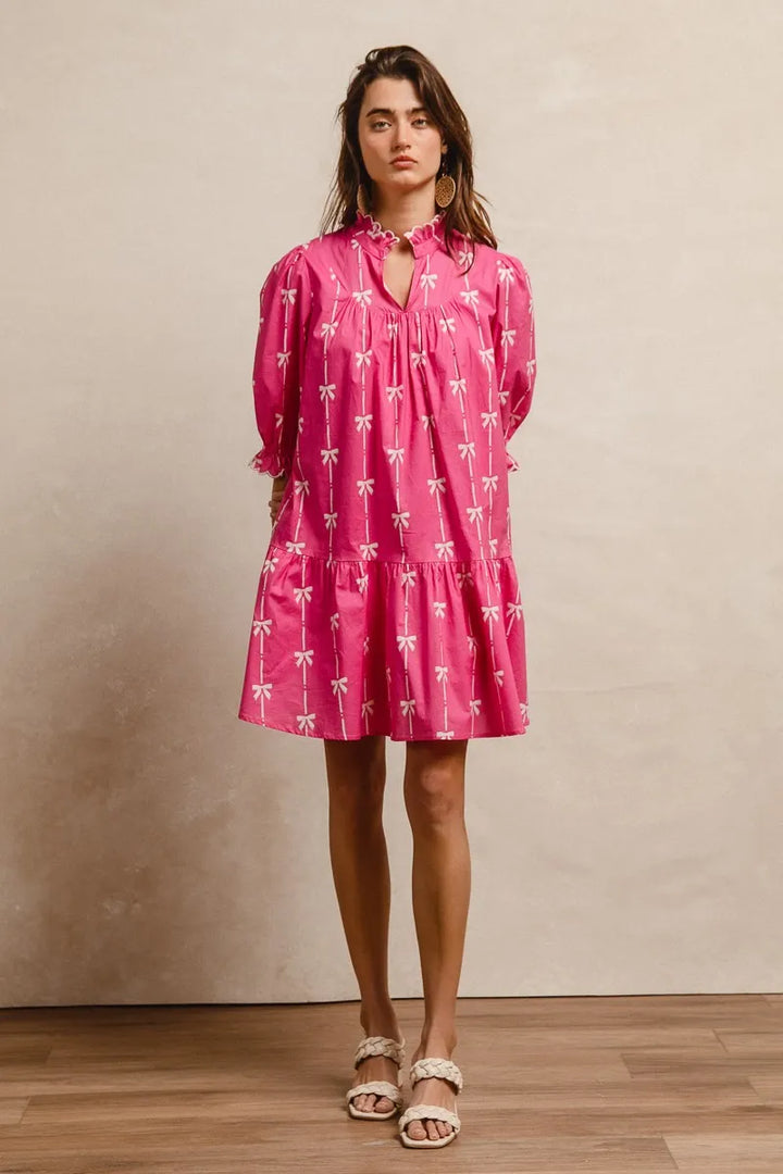 BiBi Ribbon Patterns With Scallops Edge Details Short Sleeve Dress
