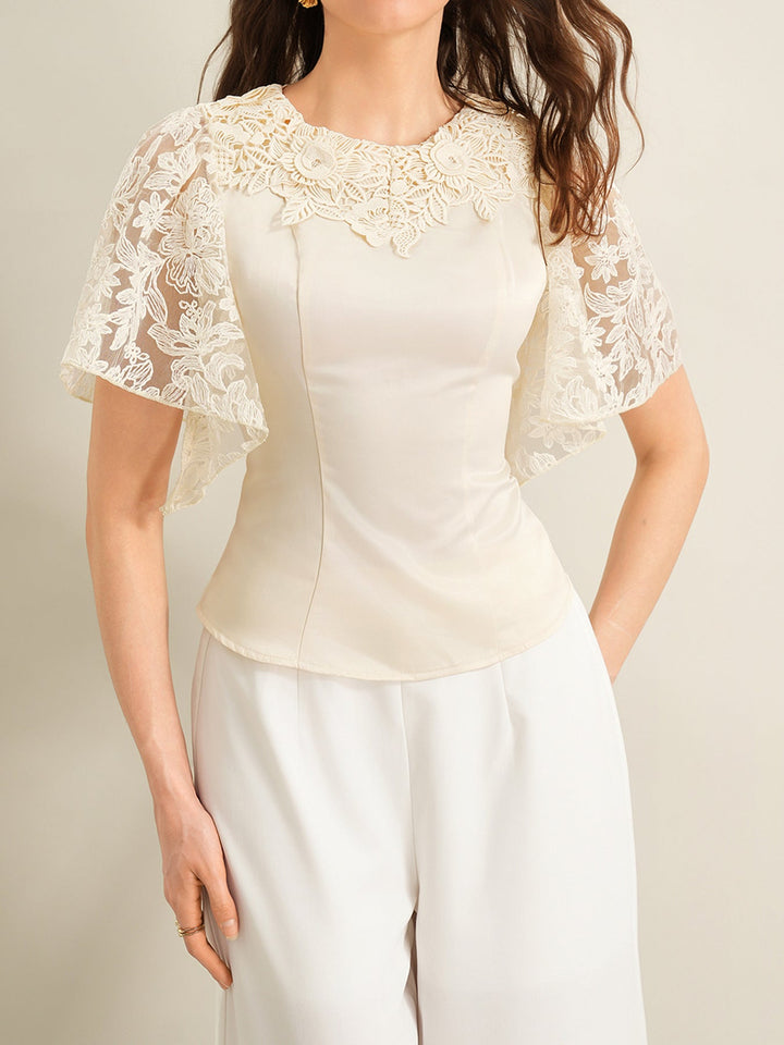 Lace Trimmed Short Sleeve Blouse