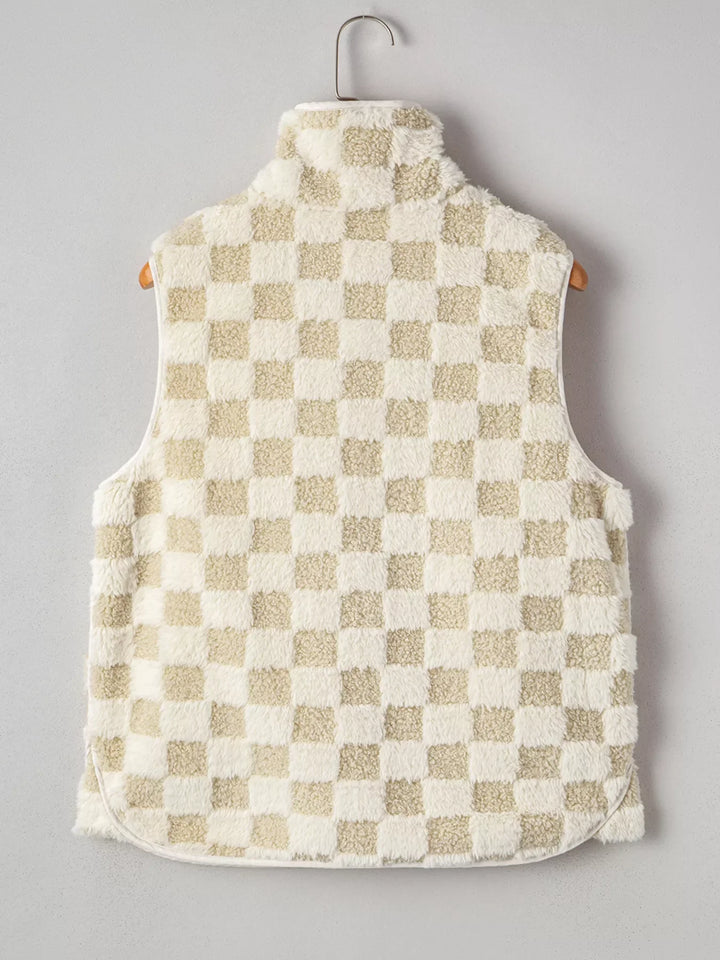 Sherpa Checkerboard Snap Button Vest Coat with Pocket