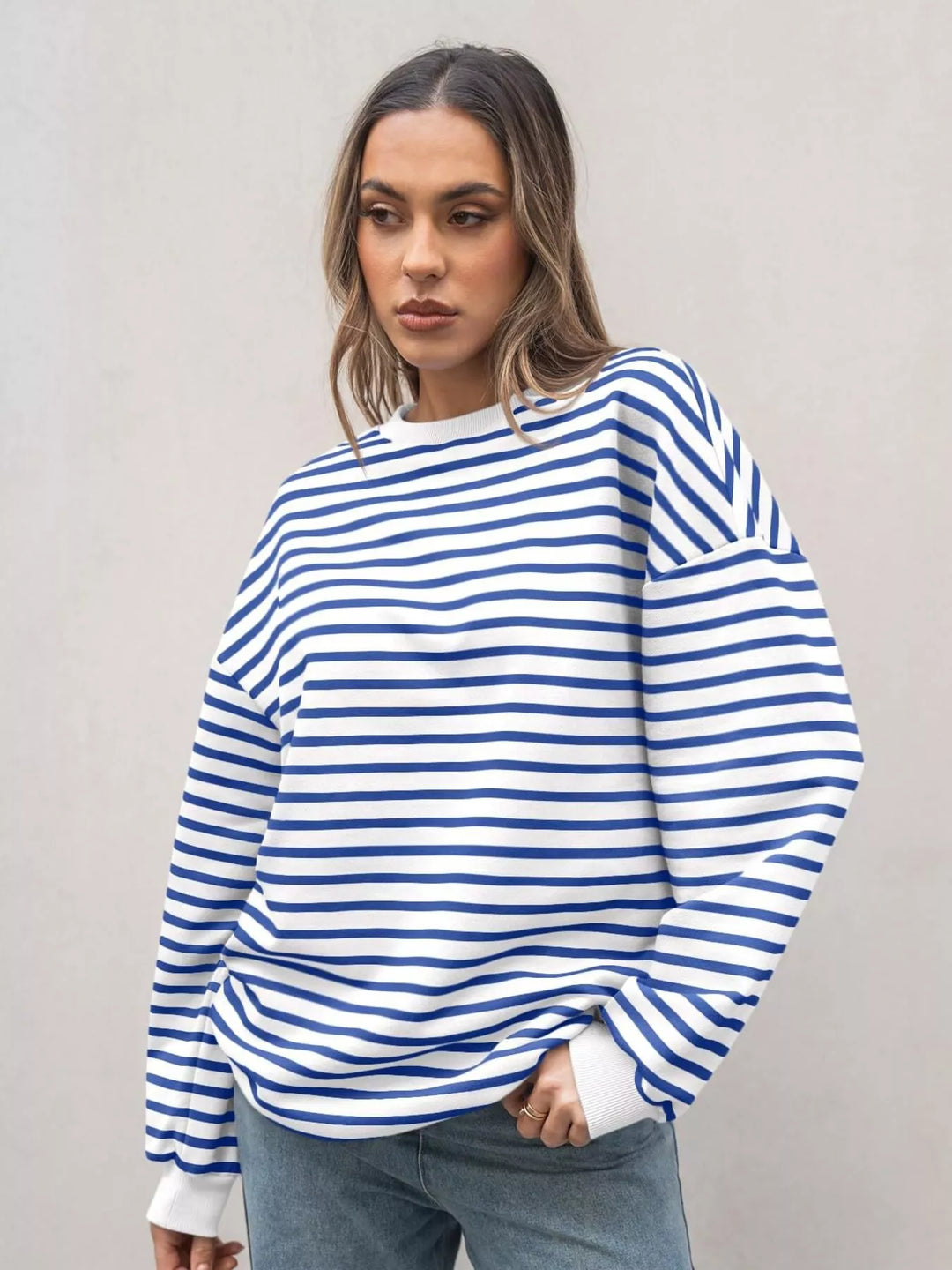 Striped Round Neck Oversized Casual Sweatshirt