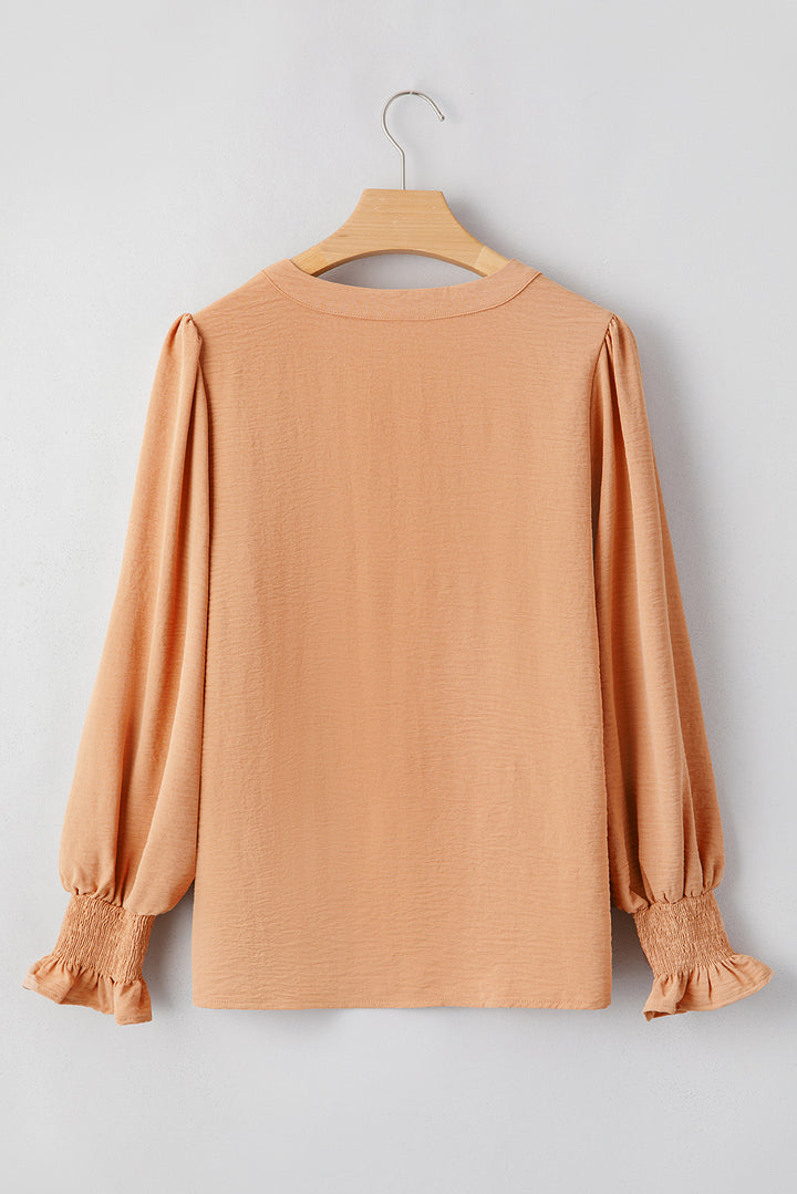 Straw Yellow Solid Color Shirred Cuff Notch V Neck Blouse