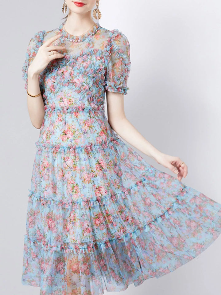Frill Floral Print Short Sleeve Dress