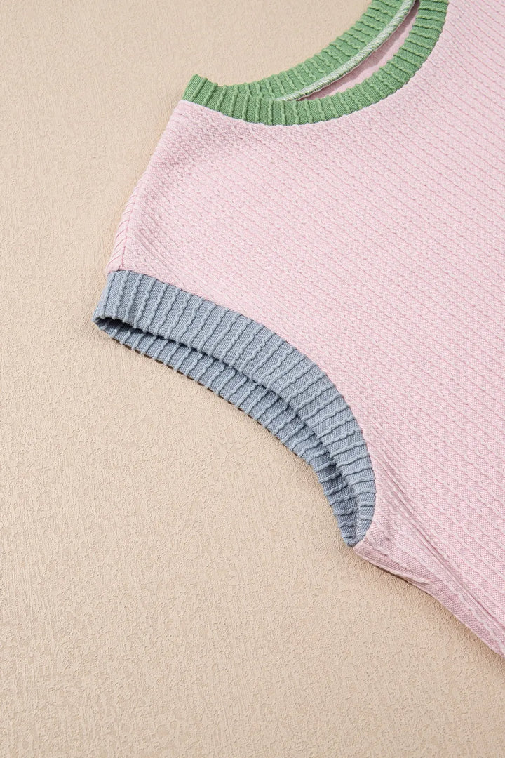 Contrast Trim Round Neck Cap Sleeve Top