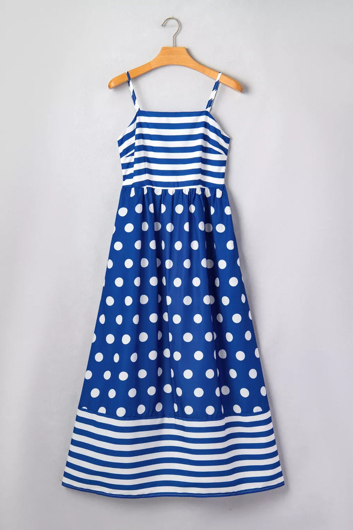 Striped Polka Dot Patchwork High Waist Spaghetti Straps Maxi Dress