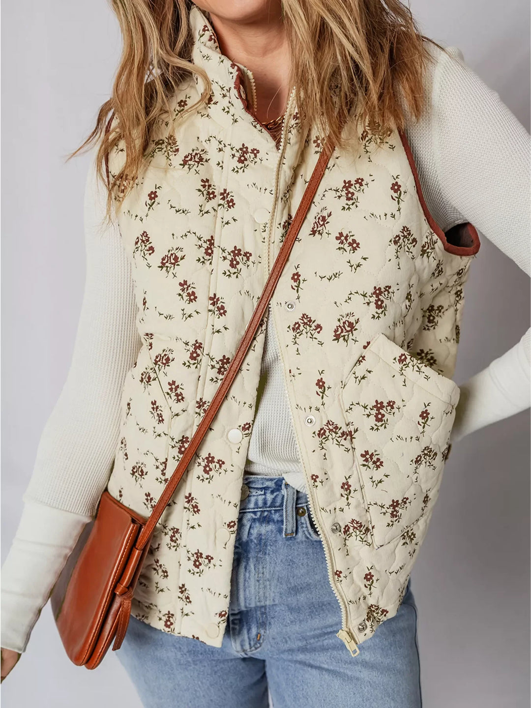 Floral Print Zip Up Quilted Vest