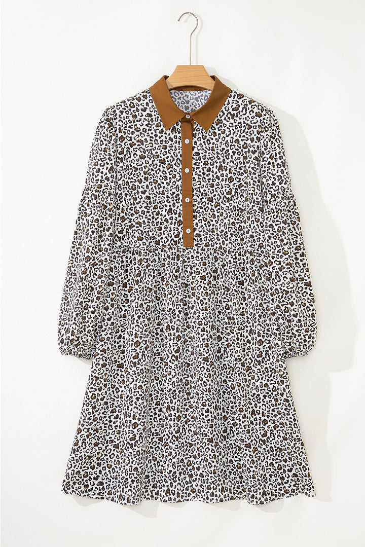 Khaki Plus Size Button V Neck Leopard Print Puff Sleeve Loose Mini Dress