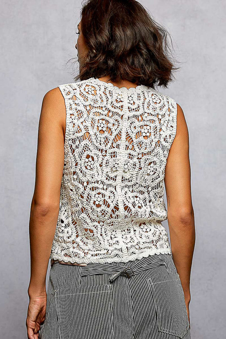 POL Button Down Cropped Crochet Vest with Scalloped Edge