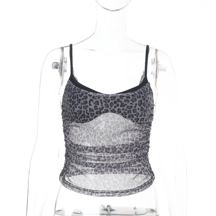 New Sexy Mesh Leopard-Print Fake Two-Piece Camisole Top