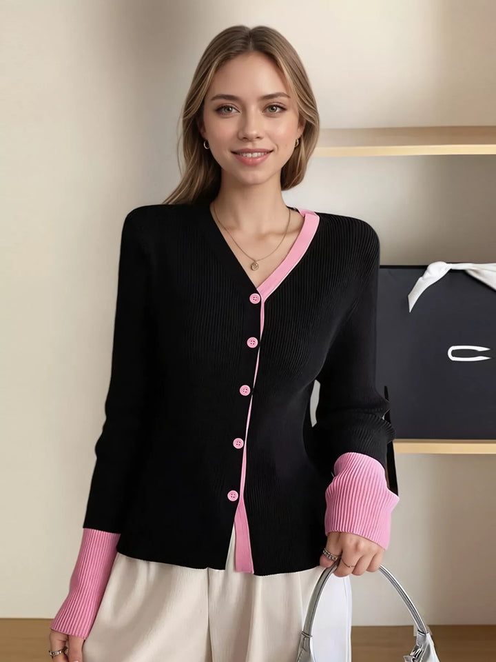 Contrast Trim Ribbed Knit Cardigan