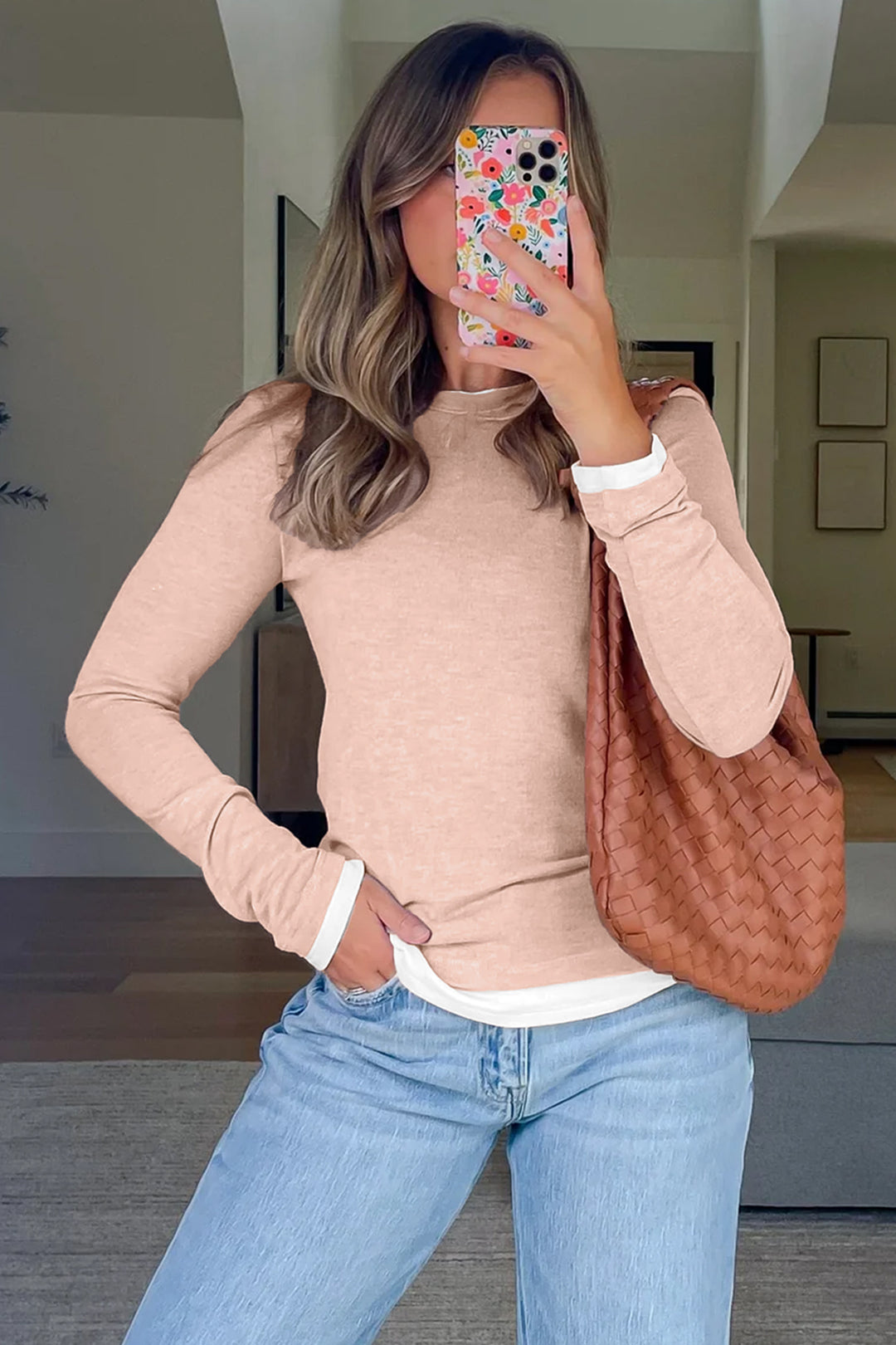 Smoke Gray False Two Piece Color Block Patchwork Long Sleeve Top