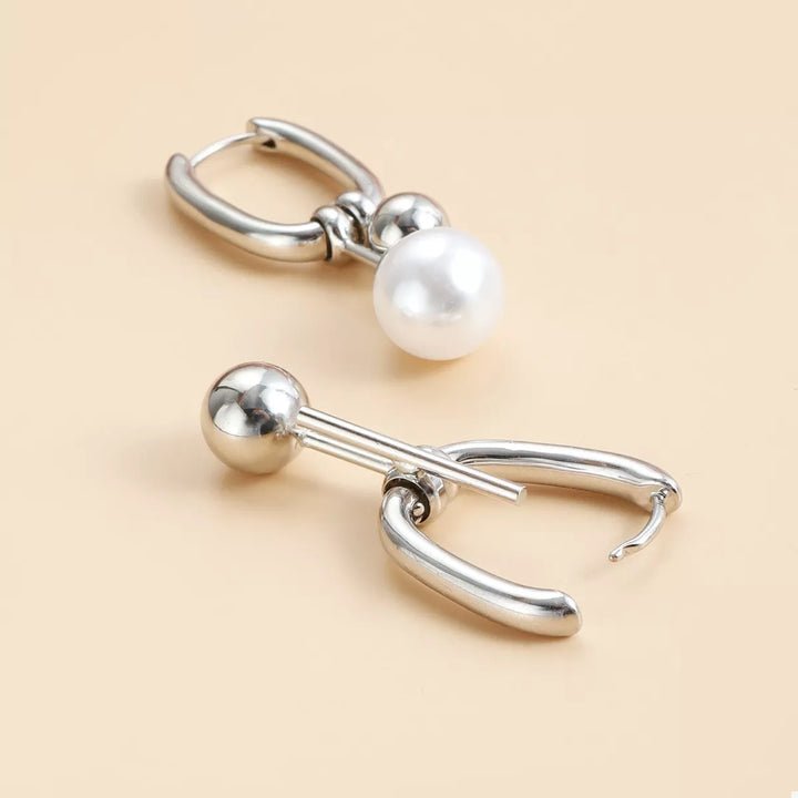 Asymmetrical Pearl Drop Hoop Earrings