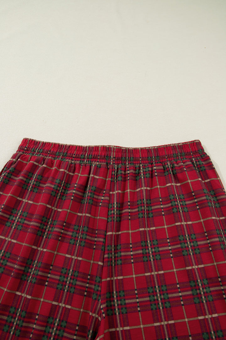 Red Plus Size Plaid Short Sleeve Shirt Loose Pants 2pcs Pajama Set