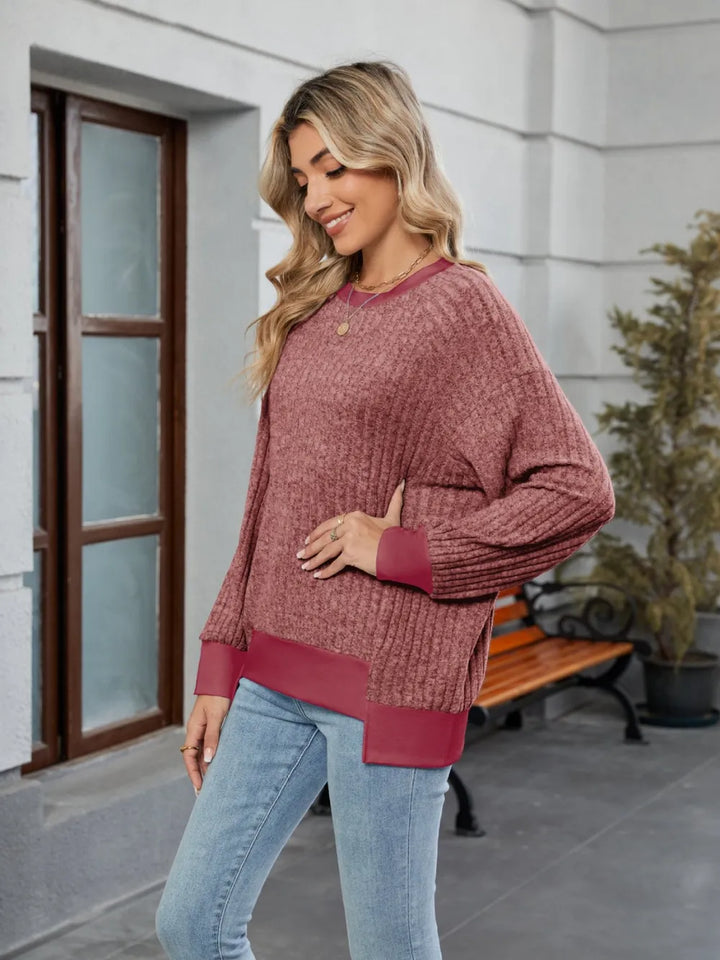 Contrast Trim Round Neck Long Sleeve T-Shirt