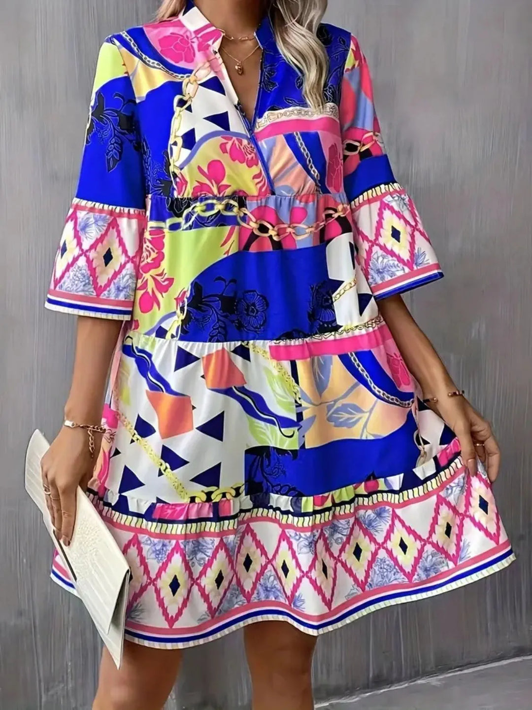 Printed Notched 3/4 Sleeve Tiered Dress