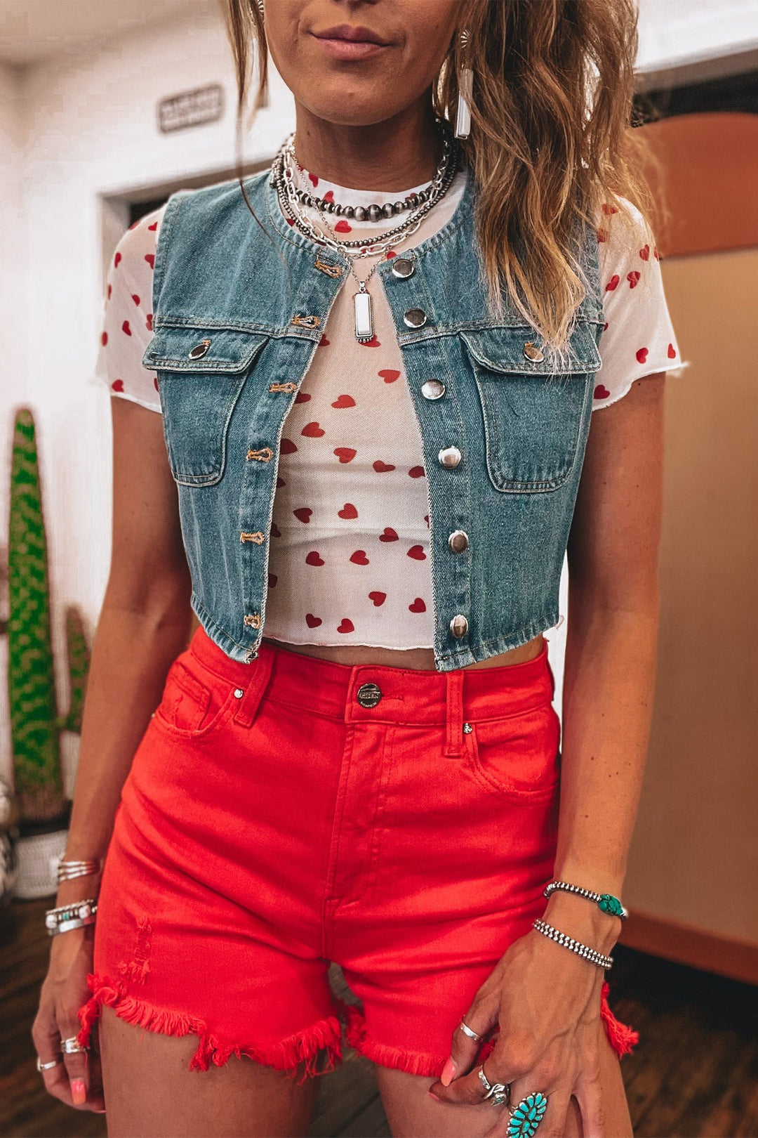 Red Allover Heart Print Mesh Short Sleeve Top