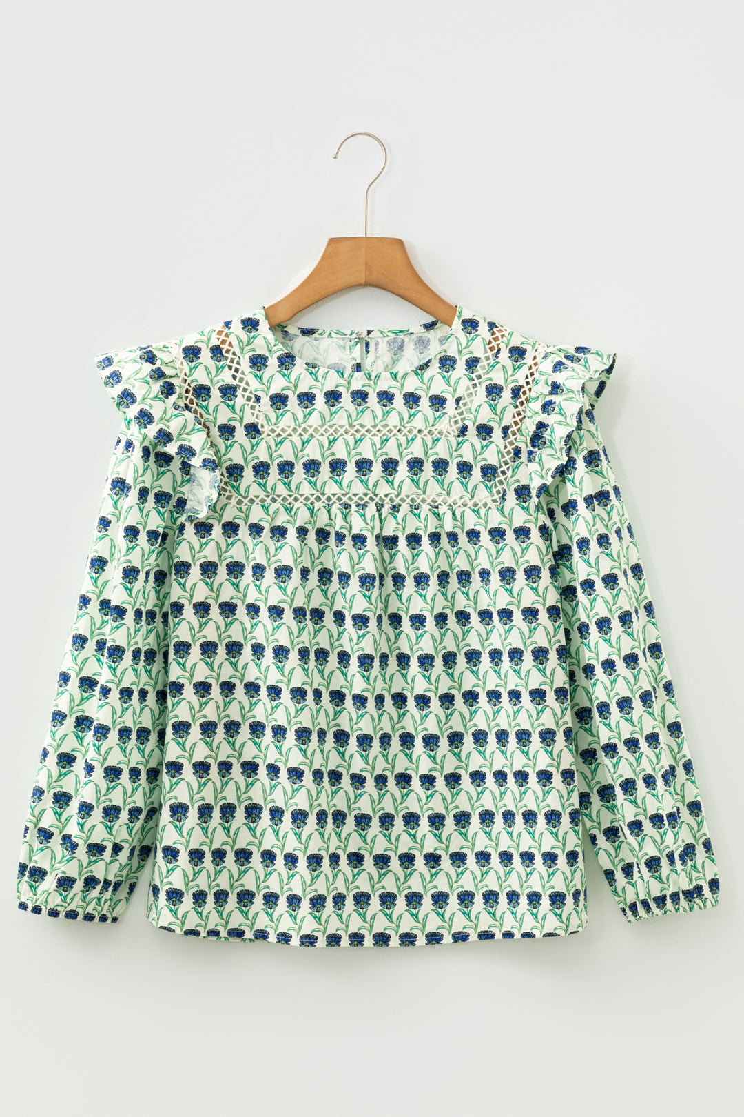 Green Floral Print Lace Detail Ruffle Trim Long Sleeve Blouse