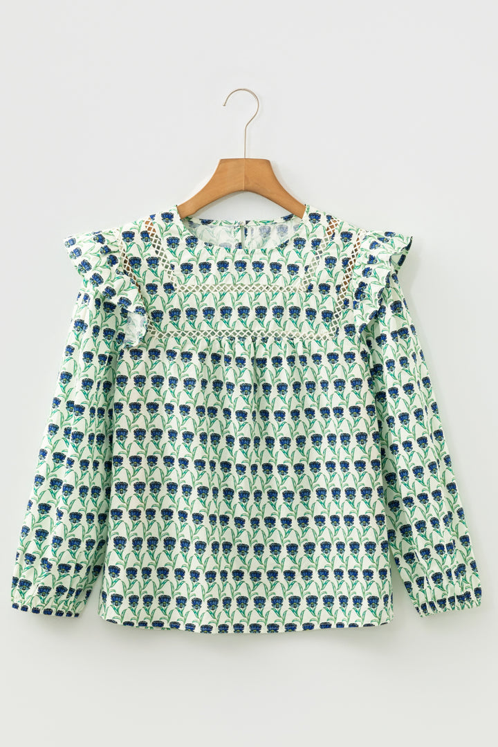 Green Floral Print Lace Detail Ruffle Trim Long Sleeve Blouse