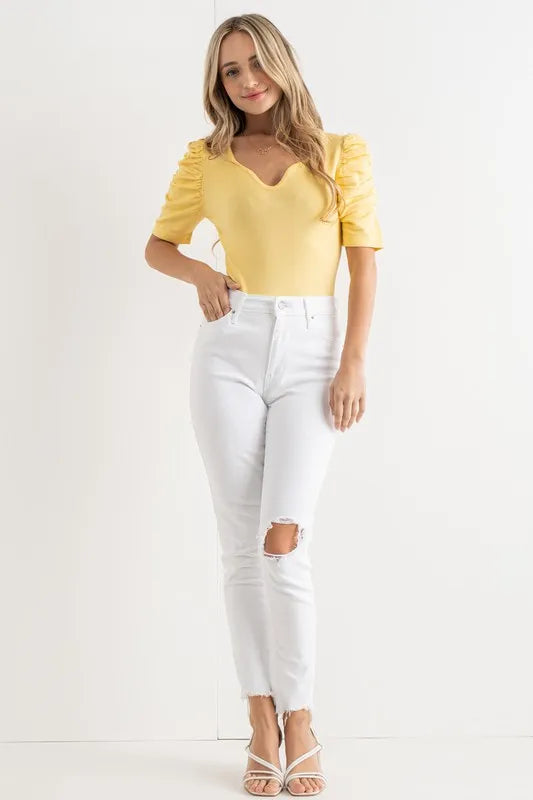 And The Why Shirring Puff Sleeve Bodysuit