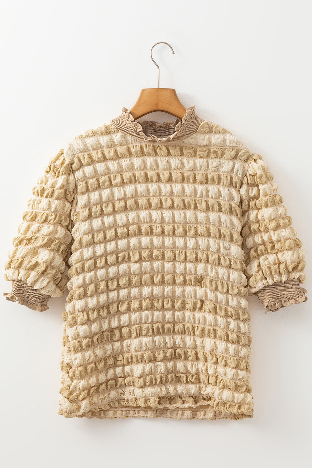 Beige Textured Mock Neck Short Sleeve Blouse