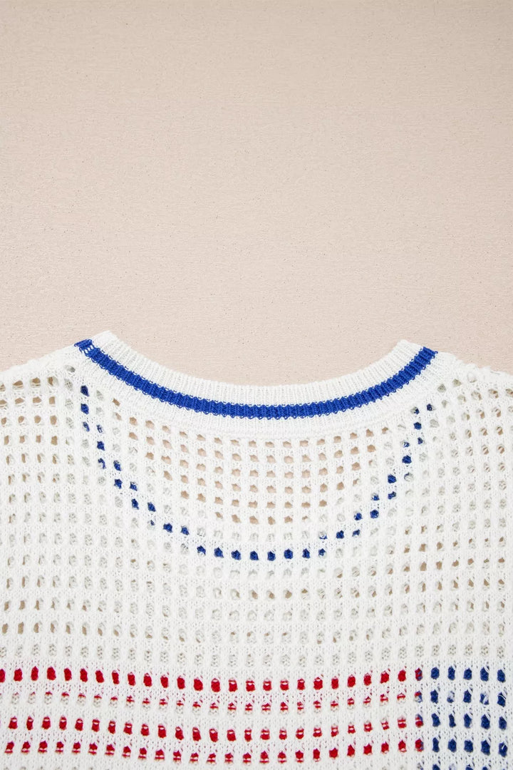 USA Flag Eyelet Knitted Cap Sleeve Sweater Top