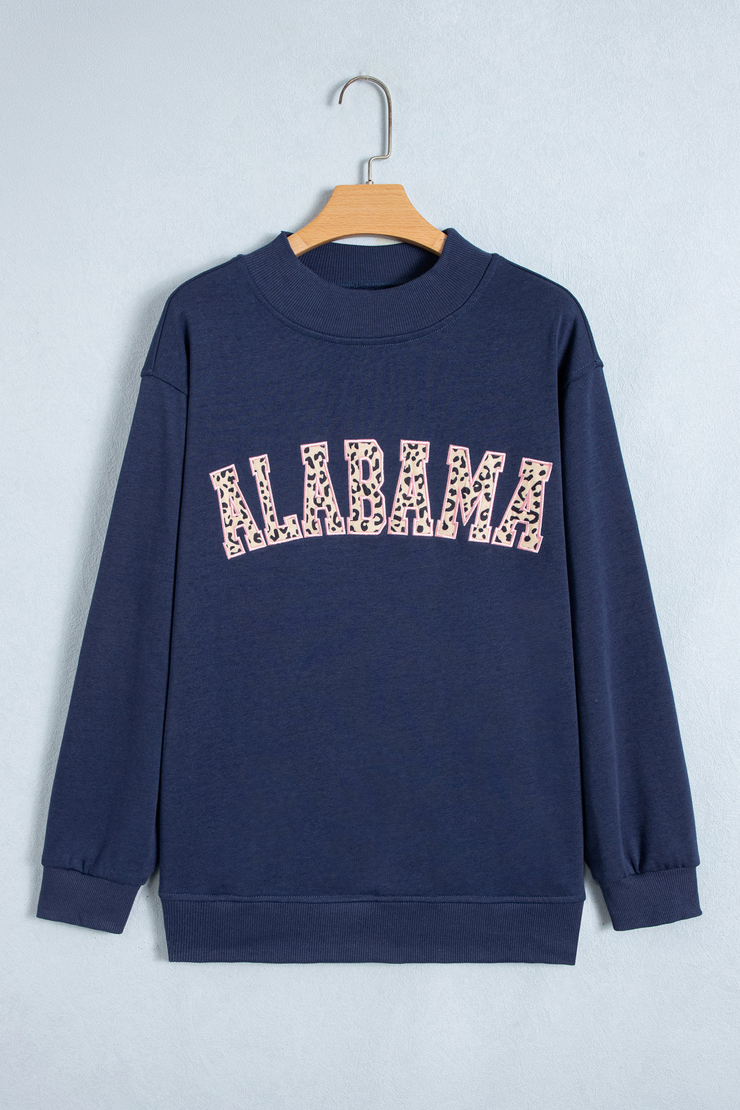 Dirty blue Embroidered Leopard Alabama High Neck Long Sleeve Tunic Sweatshirt