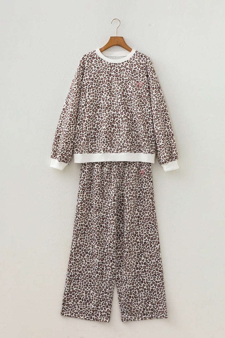 Khaki Leopard Print Embroidery Colorblock Details Pant Set