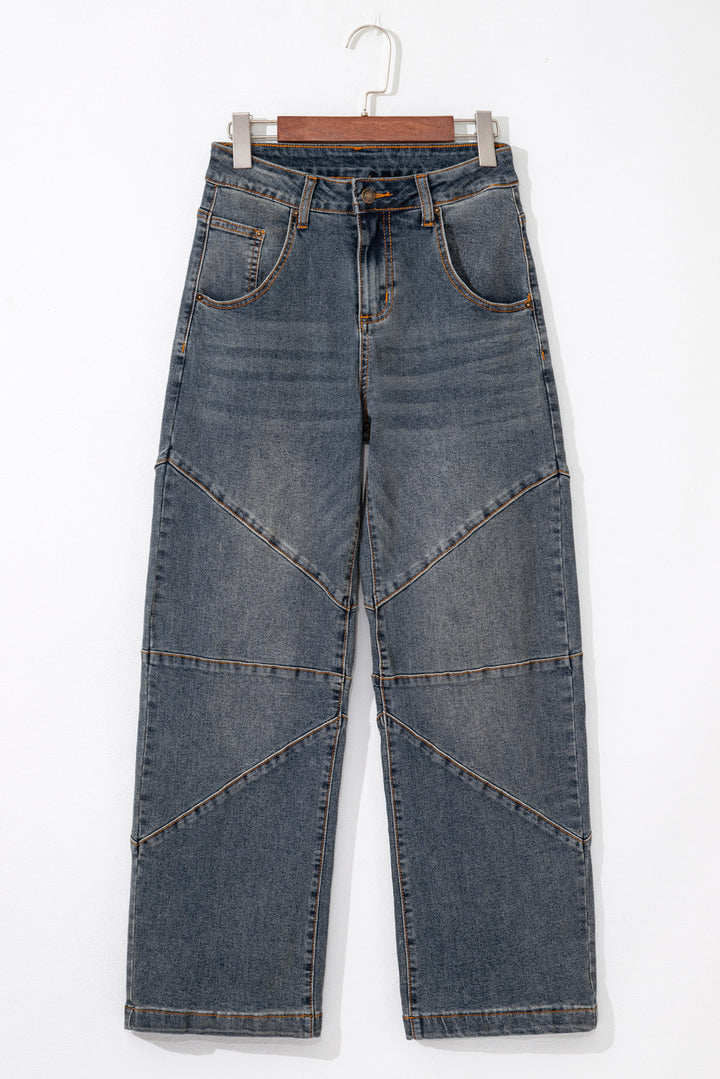 Sail Blue Exposed Stitching Loose Straight High Waist Jeans