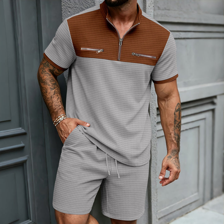 Mens Half-Zip Stand-Neck Short-Sleeve T-Shirt And Shorts Set