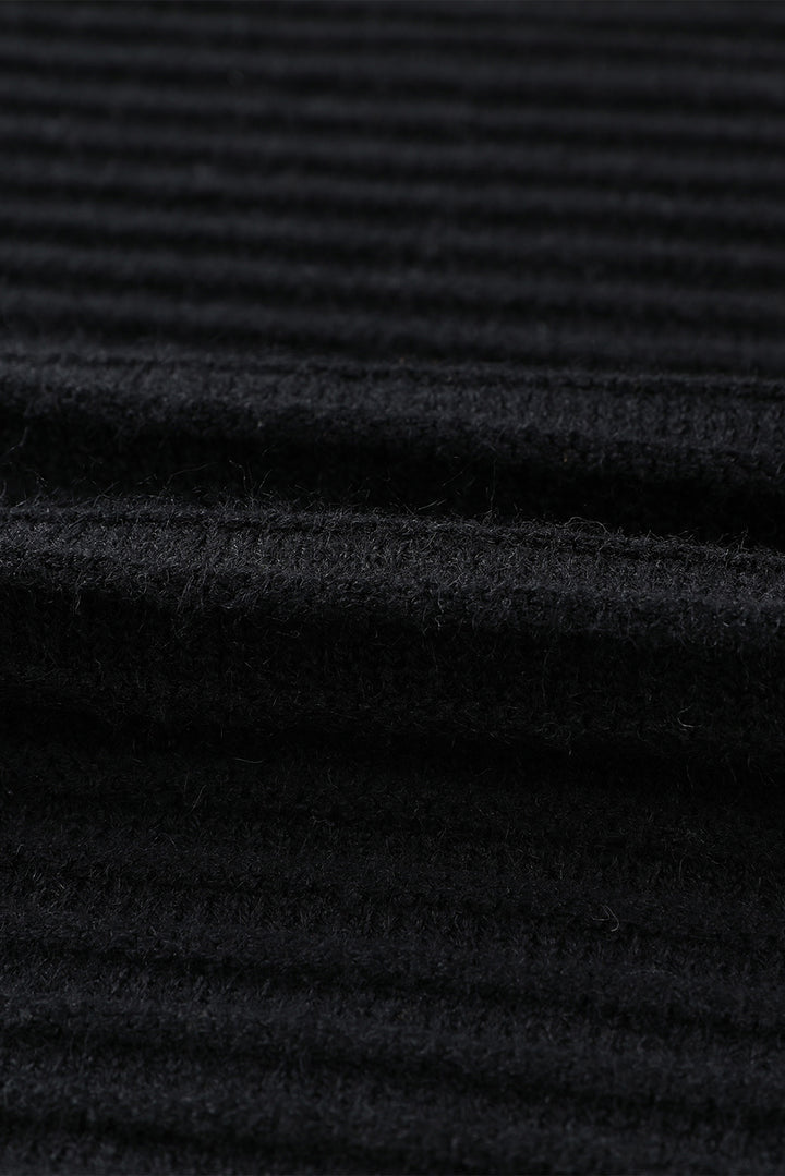 Black Horizontal Rib Knitted Open Front Hooded Cardigan