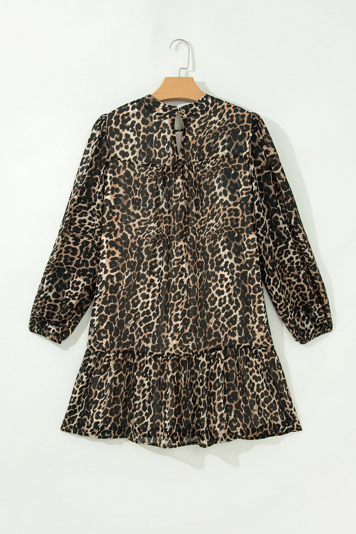 Brown Leopard Print Long Sleeve Short Shift Dress