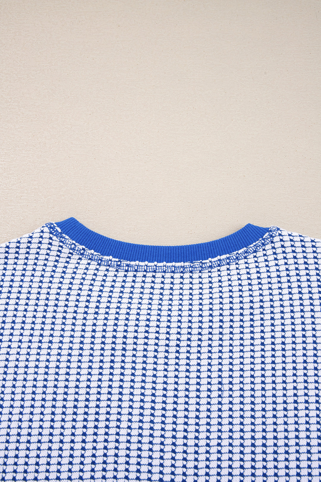 Dark Blue Waffle Knit Exposed Stitching Casual Top with Side Slits