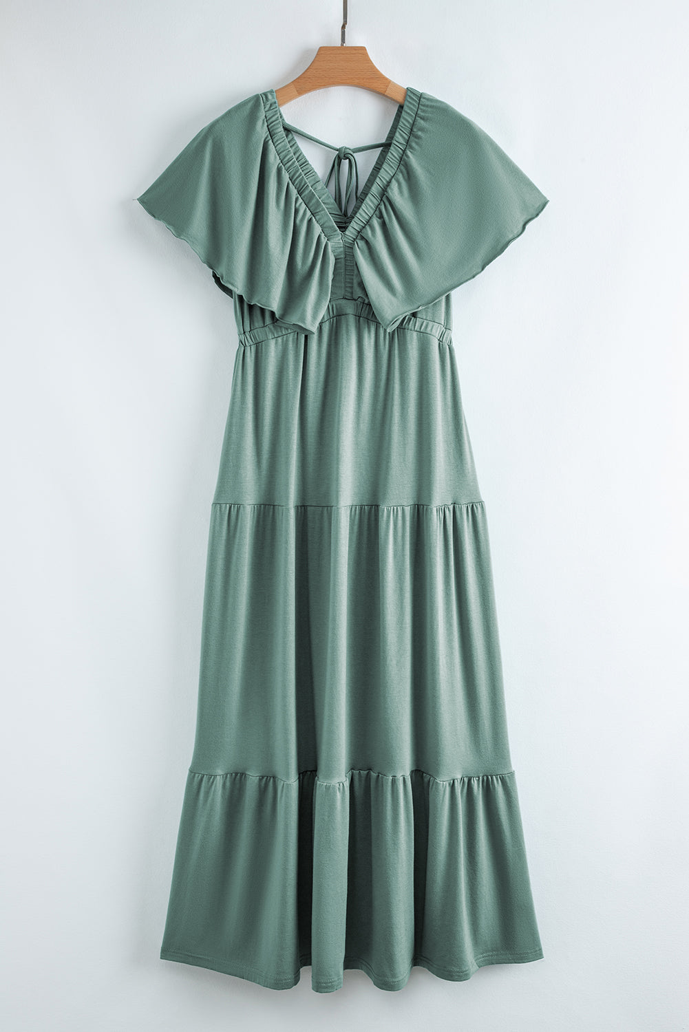 Green Textured V Neck Flutter Sleeve Ruffled Maxi Dress
