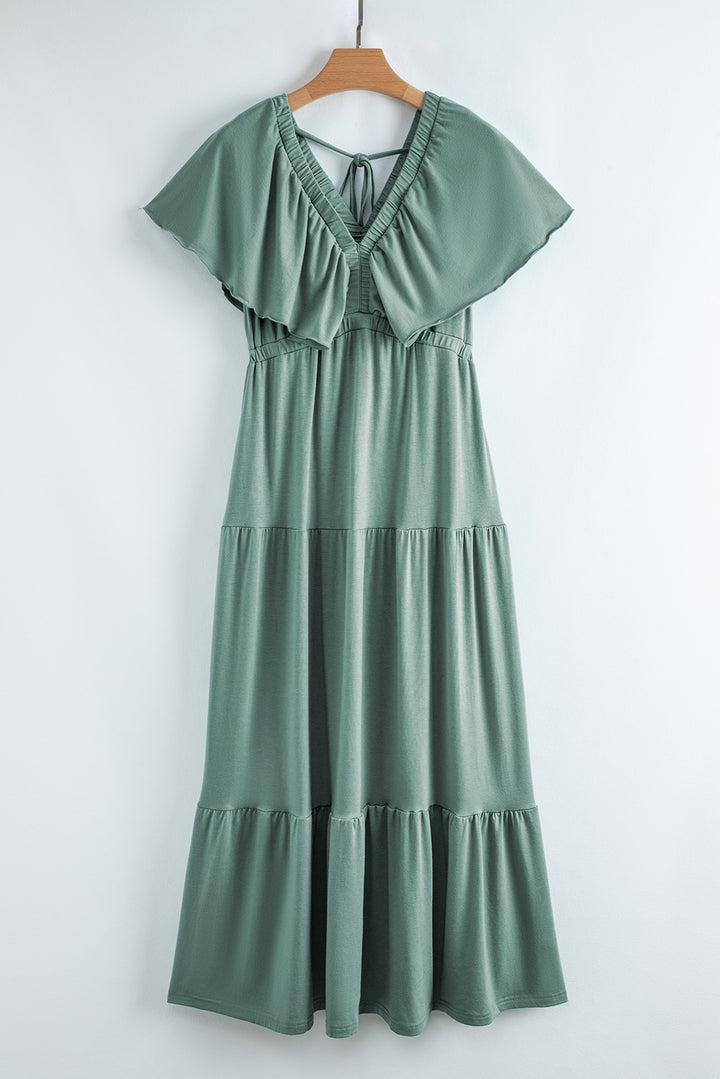Green Textured V Neck Flutter Sleeve Ruffled Maxi Dress