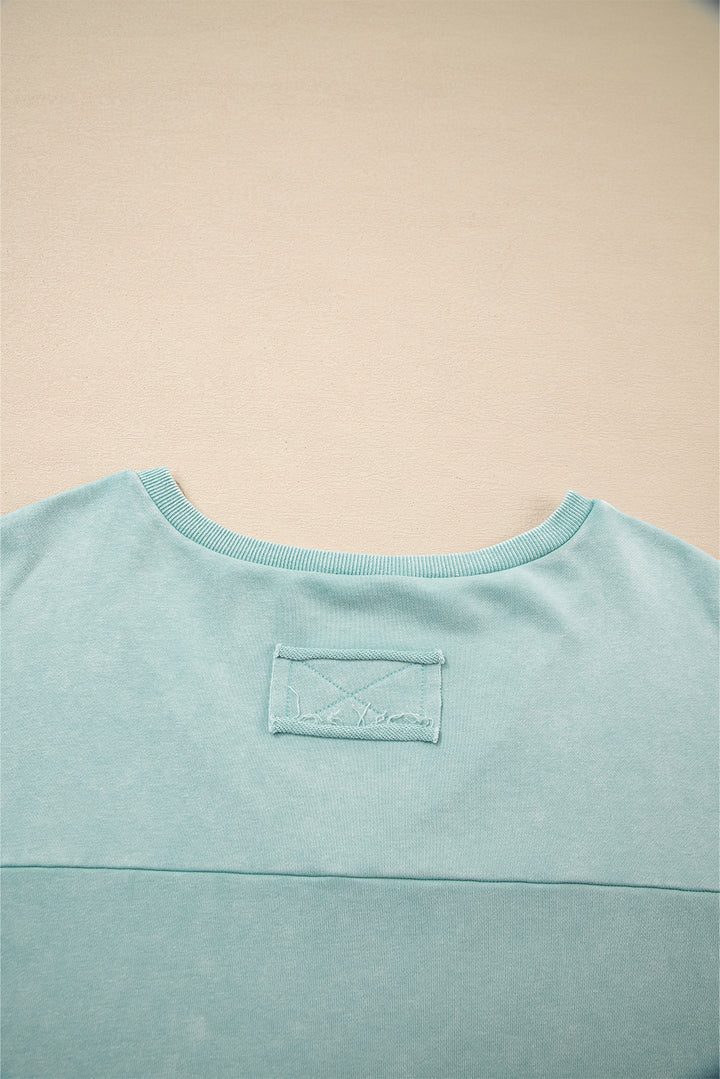 Mist Blue Mineral Wash Exposed Seam Buttoned V Neck Pullover Top