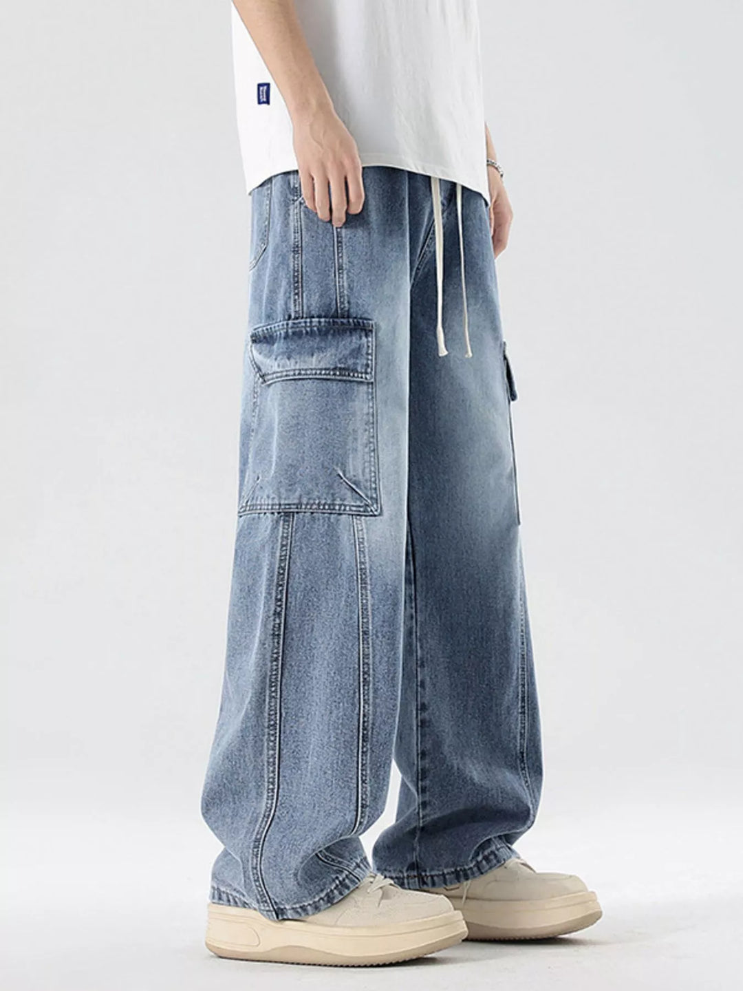 Men's Plus Size Wash Wide Leg Cargo Jeans